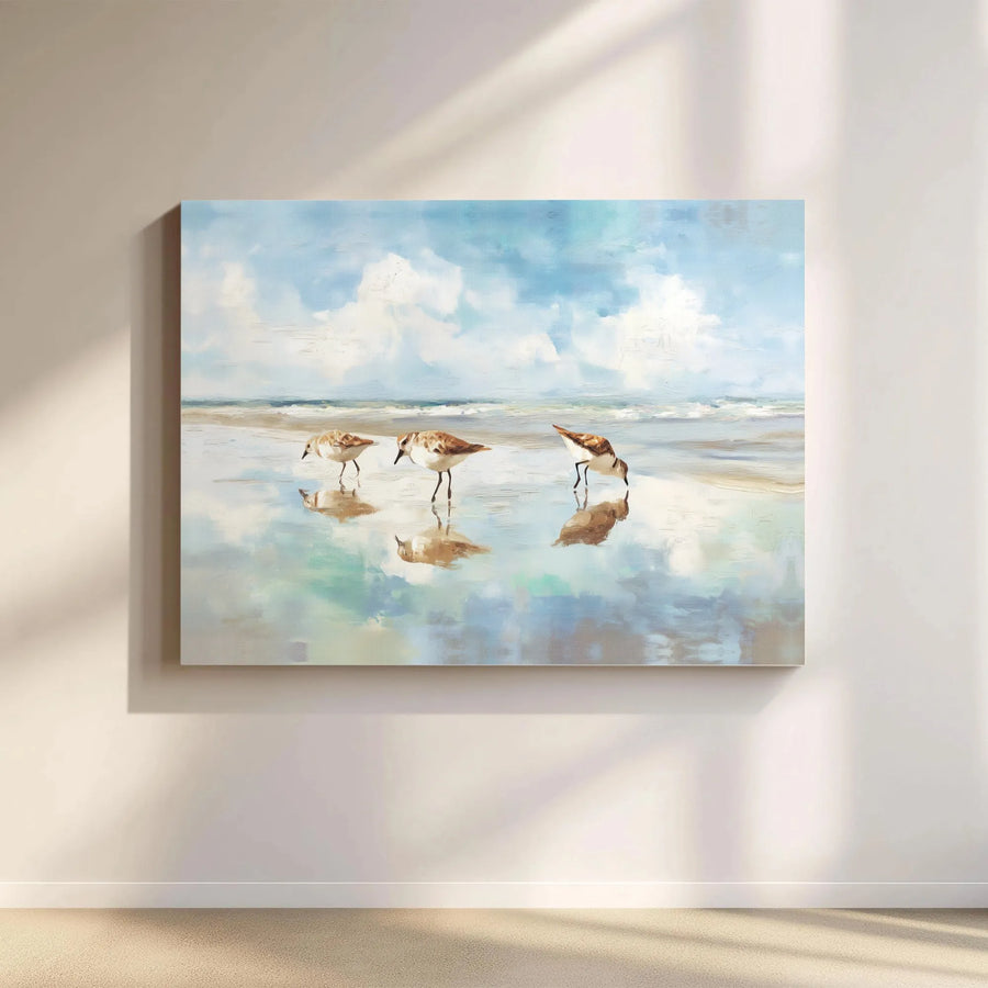 Sandpiper Beach Canvas Wall Art | Serene Coastal Seascape Painting | Premium Gallery Wrapped Print | Nautical Living Room Decor Gift