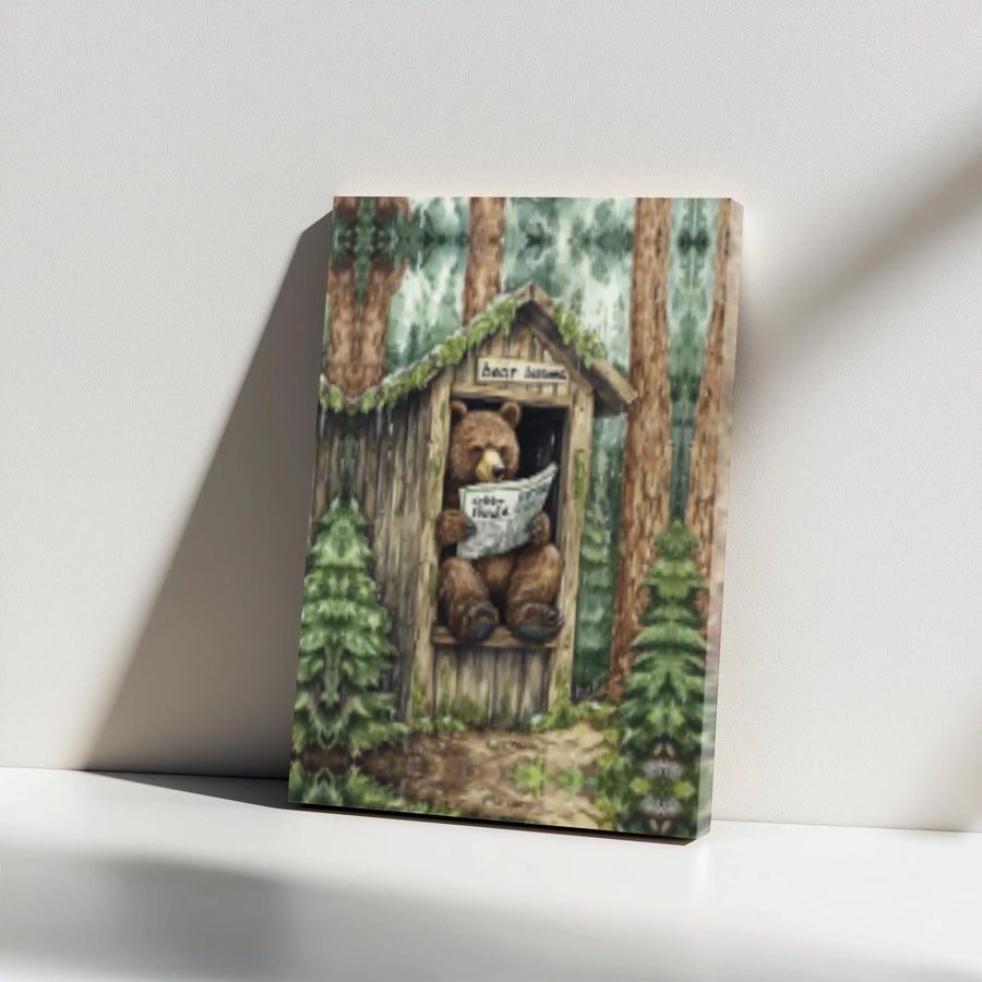 Funny Bear Reading Newspaper Wall Art | Rustic Outhouse Bathroom Decor | Premium Gallery Wrap Canvas | Unique Cabin Wildlife Gift