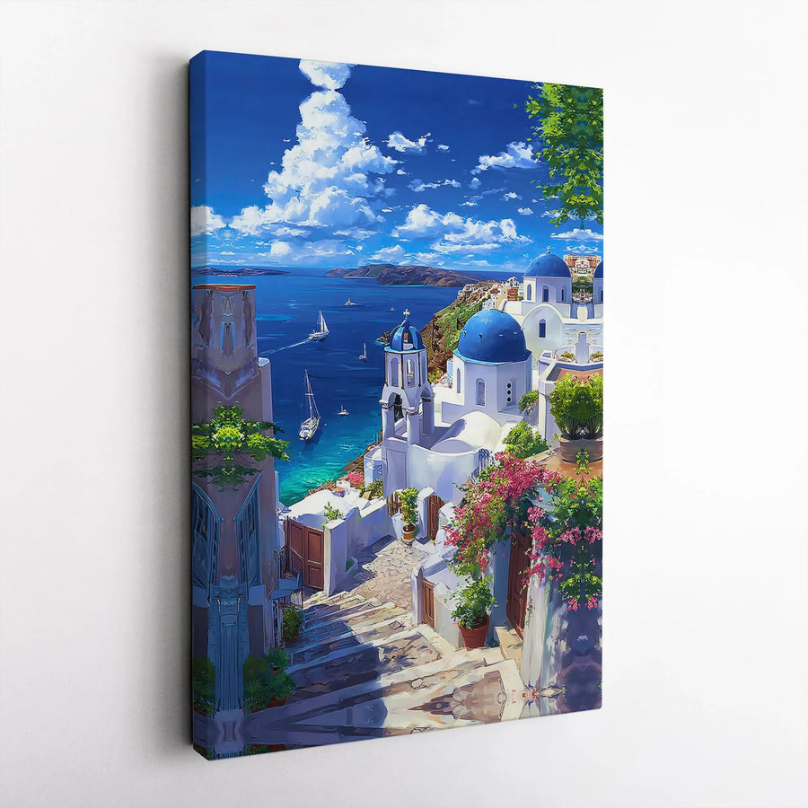 Santorini Greece Canvas Wall Art | Vibrant Anime Style Seascape Print | Premium Frameless Canvas | Mediterranean Travel Lover Gift for Living Room Decor