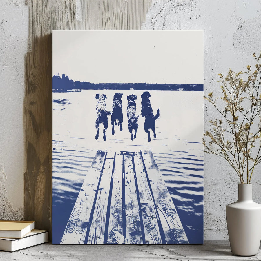 Dog Dock Jumping Canvas Art | Coastal Blue and White Silhouette | Premium Gallery Wrap Wall Decor | Rustic Lake House Gift for Dog Lovers