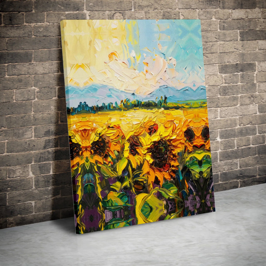 Sunflower Field Canvas Wall Art | Textured Impressionist Floral Painting | Premium 1.25" Thick Gallery Wrap | Modern Farmhouse Decor Gift