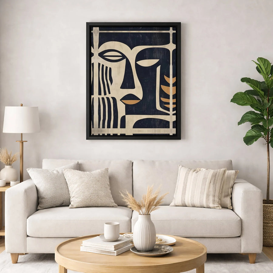 Abstract Tribal Face Canvas Art | Mid-Century Modern Geometric Wall Decor | Premium 1.25-Inch Gallery Wrap | Bohemian Living Room Statement Gift