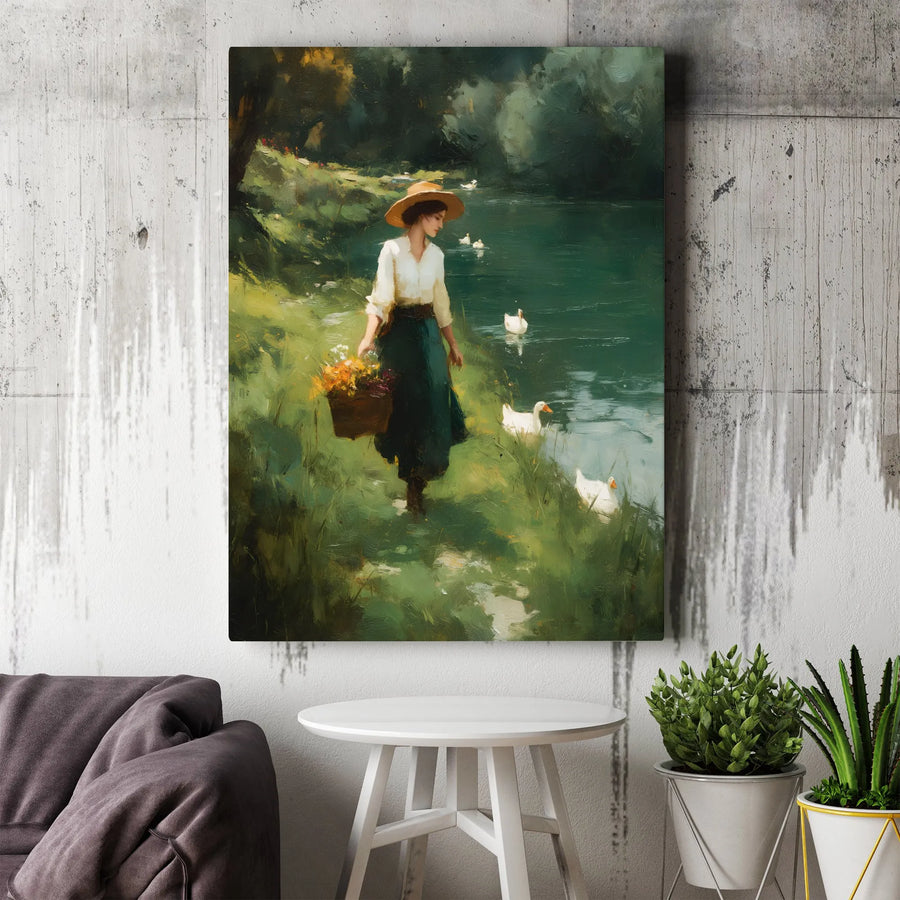 Cottagecore Lake Canvas Wall Art | Impressionist Woman with Flower Basket and Ducks | Premium Gallery-Wrapped Print | Countryside Home Decor Gift