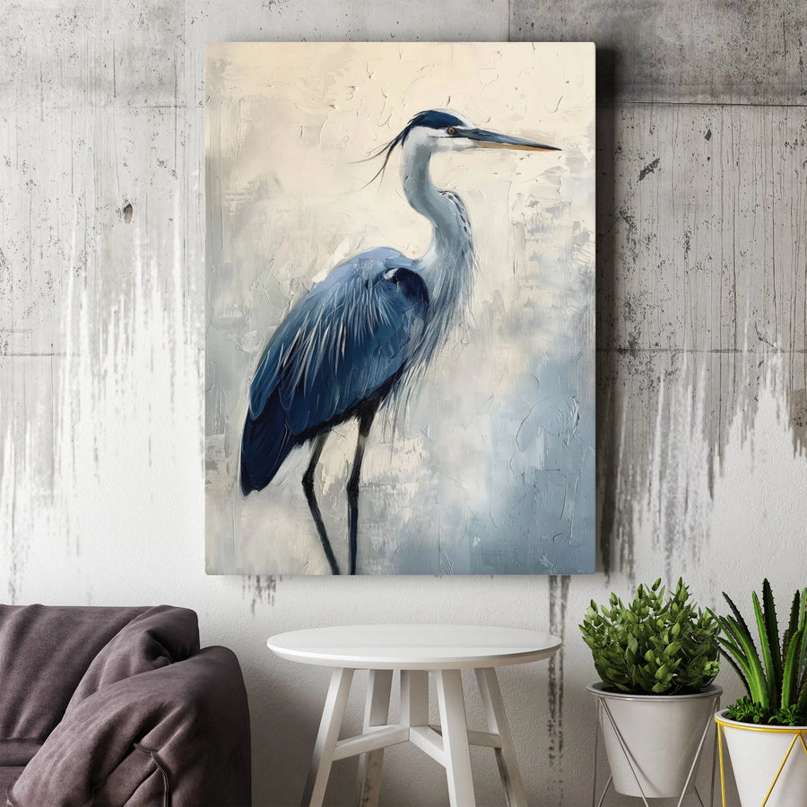 Great Blue Heron Canvas Wall Art | Textured Coastal Bird Painting | Premium Gallery Wrapped Print | Nature Home Decor Gift for Bird Lovers