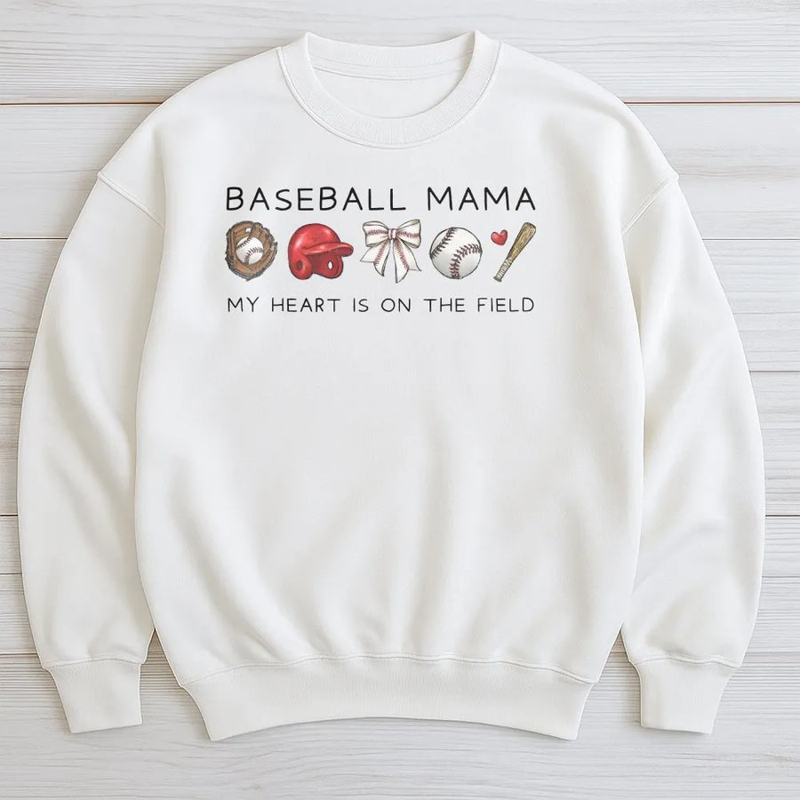 Baseball Mama Sweatshirt | My Heart Is On The Field Graphic | Premium Cotton Apparel | Game Day Gift for Baseball Mom