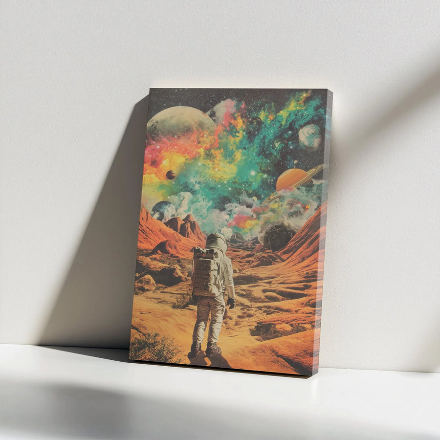 Cosmic Astronaut Vertical Canvas | Retro Psychedelic Space Art Print | Premium 1.25" Thick Gallery Wrap | Collector's Gift for Sci-Fi Fans