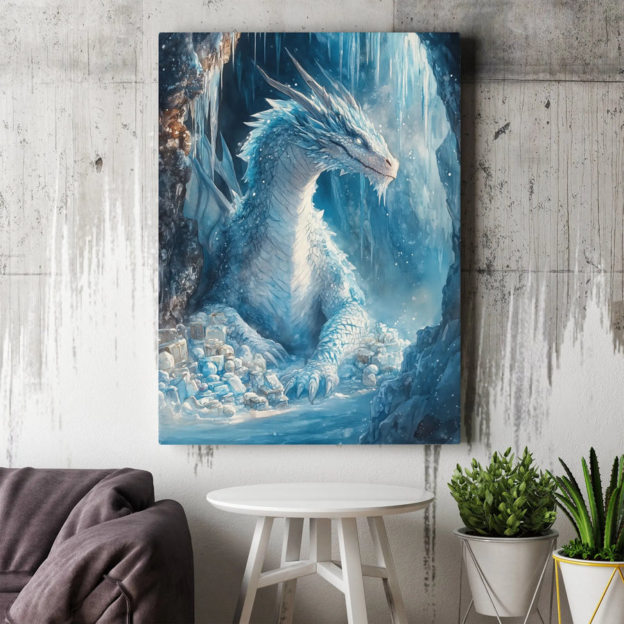 Ice Dragon Canvas Wall Art | Frozen Cave Fantasy Creature | Premium Gallery Wrap Print | Mythical Beast Decor for Fantasy Fans
