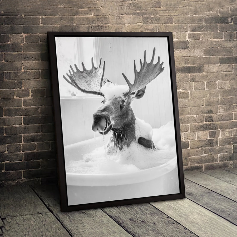 Moose in Bathtub Wall Art | Whimsical Animal Bathroom Decor | 1.25 Inch Premium Canvas | Funny Wildlife Home Gift