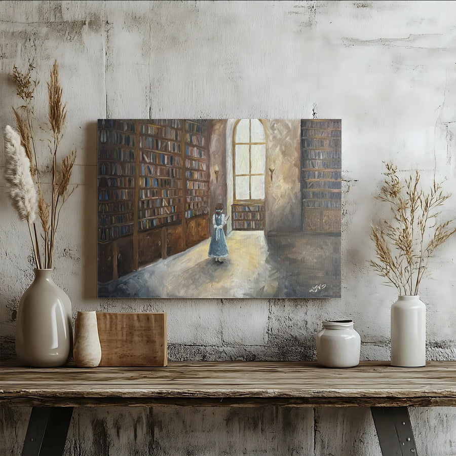 Girl Reading in Library Canvas Art | Dark Academia Wall Decor | 1.25" Thick Gallery Wrap | Aesthetic Literary Gift for Book Lovers