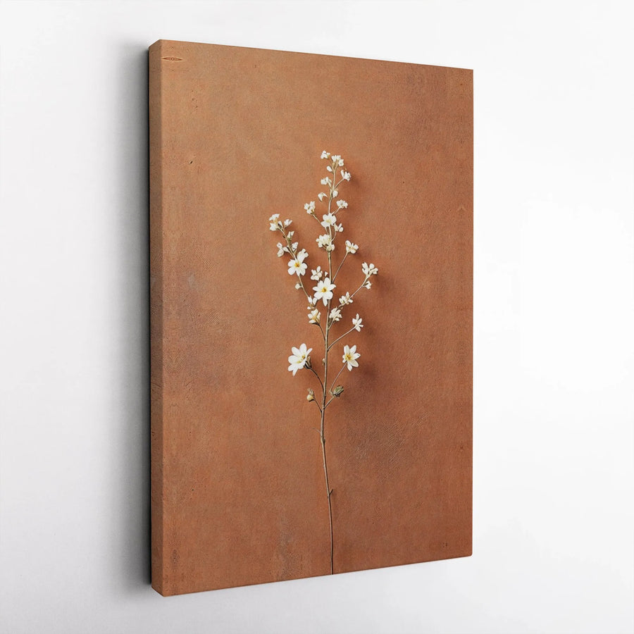 Minimalist Wildflower Wall Art | White Botanical Stem on Terracotta Canvas | Gallery Quality Decor | Modern Earth Tone Gift for Home