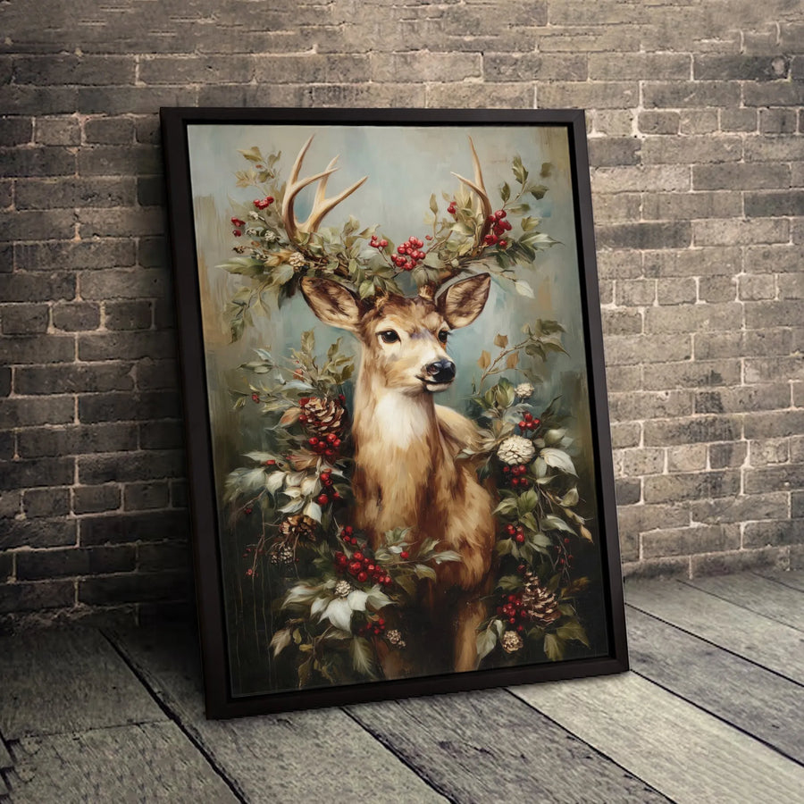 Winter Deer Canvas Wall Art | Rustic Reindeer With Berry Wreath | Premium Fade-Resistant Gallery Wrap | Farmhouse Holiday Home Decor Gift