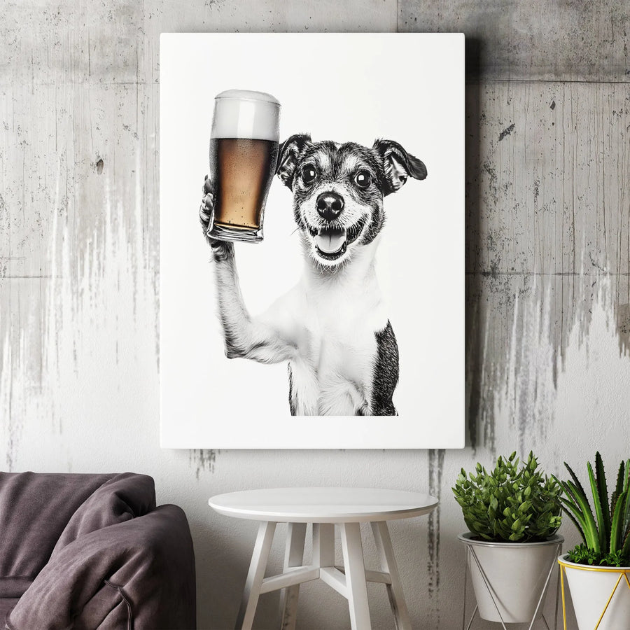 Funny Dog with Beer Canvas Wall Art | Selective Color Photography | Premium Thick Gallery Wrap | Man Cave Decor Gift for Beer Lover