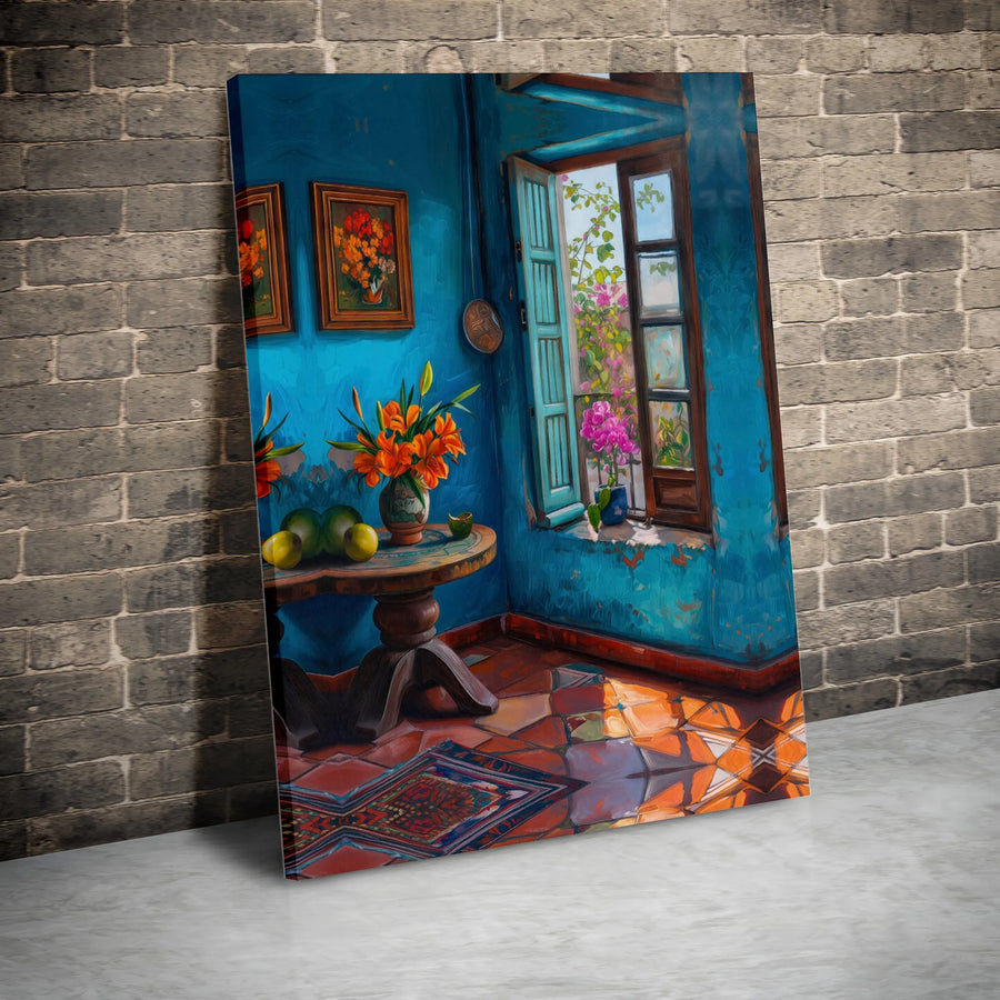 Mediterranean Wall Art Canvas | Rustic Blue Interior With Open Window View | Premium Gallery Wrap Print | Coastal Home Decor Gift