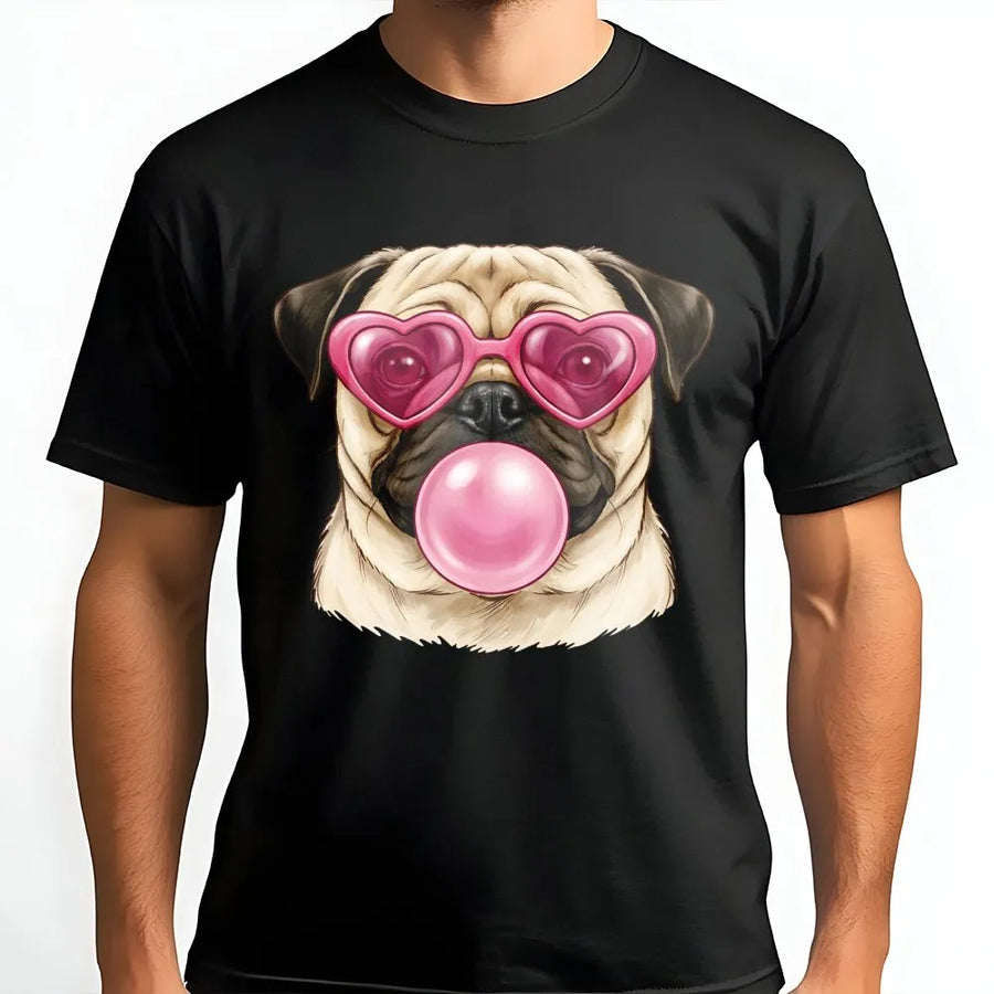 Pug T-Shirt | Heart Sunglasses Bubblegum Dog Graphic | Premium 100% Cotton | Cute Valentine's Day Gift For Dog Lovers Unisex