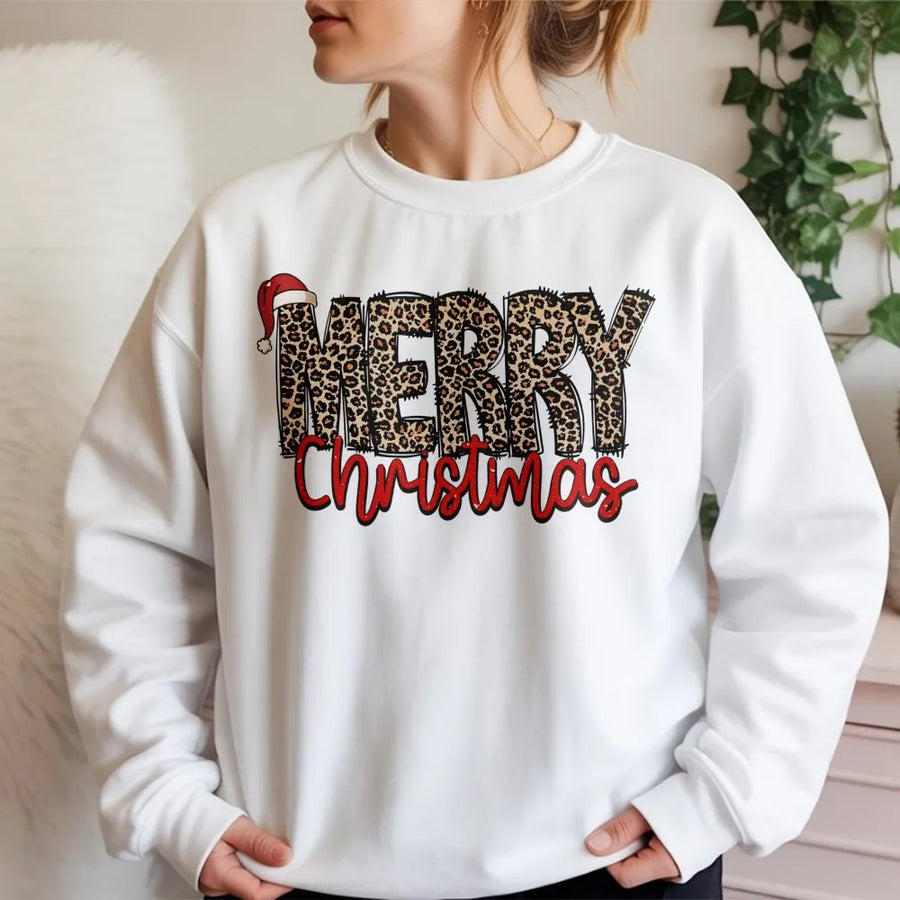 Merry Christmas Leopard Print Sweatshirt | Santa Hat Holiday Graphic | Premium Cotton Blend | Cozy Festive Gift For Women