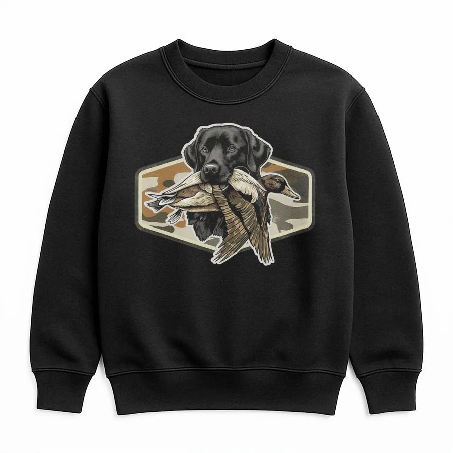 Duck Hunting Lab Sweatshirt | Black Labrador Retriever Camo Graphic | Premium Cotton Blend | Gift for Hunter and Waterfowl Enthusiast