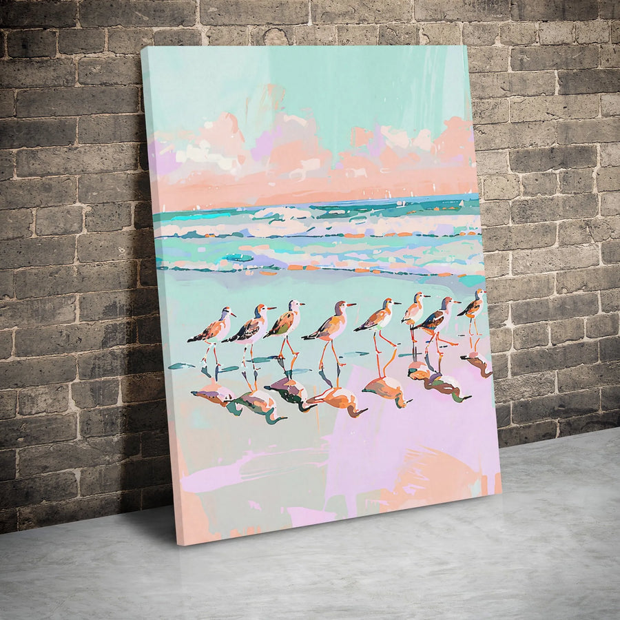 Coastal Sandpiper Wall Art | Impressionist Pastel Beach Print | Premium Gallery Wrap Canvas | Beach House Decor Gift for Bird Lovers