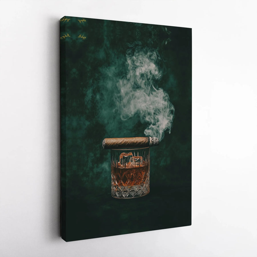 Whiskey and Cigar Wall Art | Smoking Bourbon Glass Portrait | Premium Gallery Wrapped Canvas | Sophisticated Man Cave Decor Gift