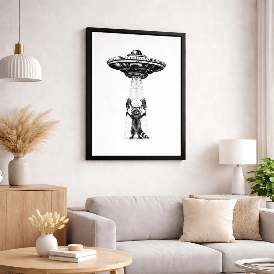 Raccoon UFO Canvas Wall Art | Funny Alien Abduction Corn Print | 1.25-Inch Gallery Wrap Decor | Quirky Gift for Animal and Space Lovers