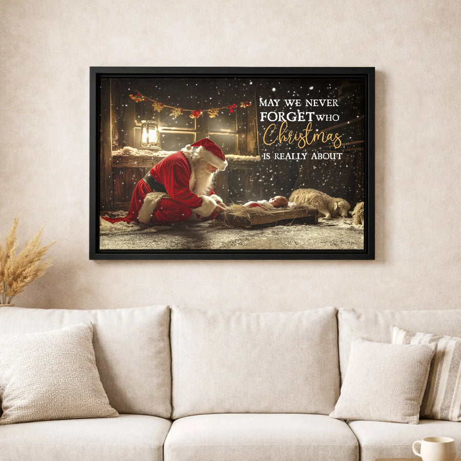 Santa Kneeling at Manger Canvas Print | Religious Christmas Wall Art | Premium Gallery-Wrapped Decor | Faith-Based Holiday Gift for Christian Home