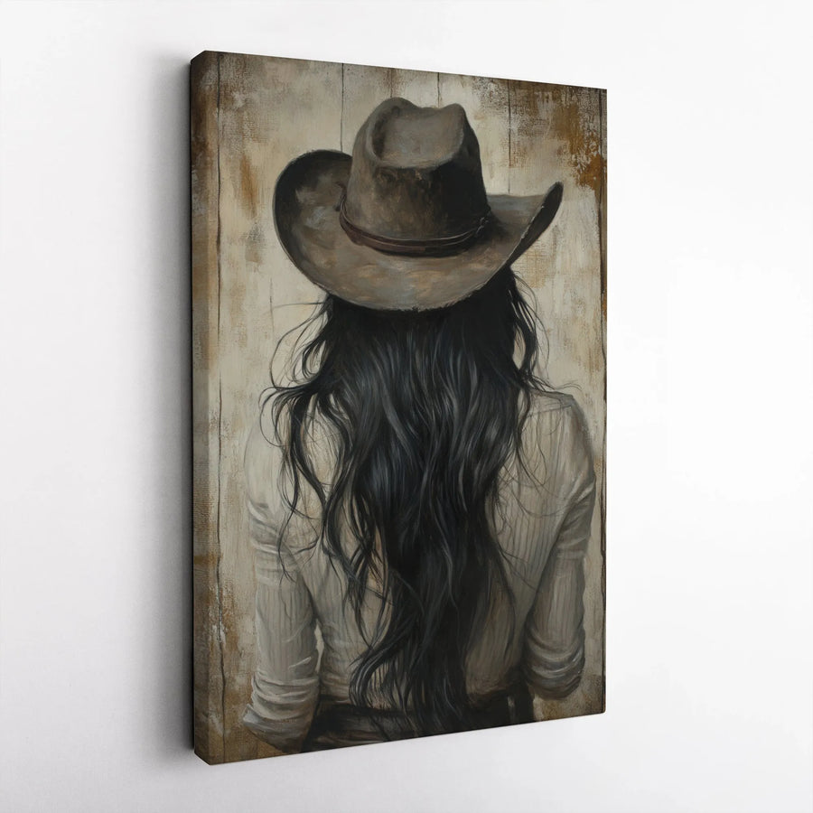 Rustic Cowgirl Canvas Wall Art | Western Portrait With Cowboy Hat | Gallery Quality Premium Print | Home Decor Gift for Cowgirl Lovers