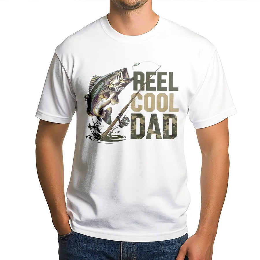 Reel Cool Dad Fishing T-Shirt | Bass Fishing Graphic with Camo Text | Premium Cotton Blend | Father's Day Gift for Fisherman