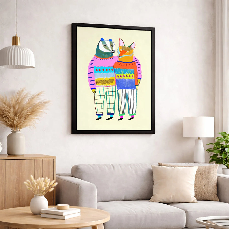 Whimsical Badger and Fox Canvas Print | Colorful Animal Illustration Wall Art | Gallery-Quality 1.25" Profile | Nursery Decor or Quirky Gift