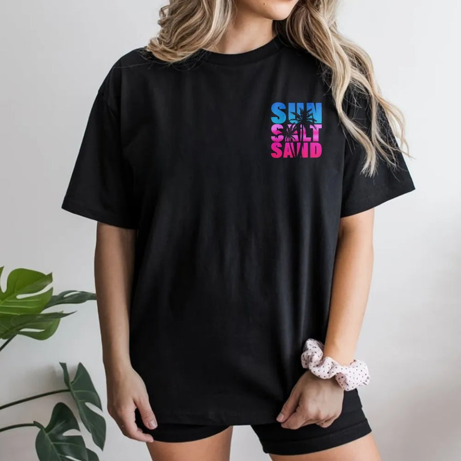 Sun Salt Sand T-Shirt | Minimalist Palm Tree Beach Graphic | Cozy Cotton Blend Pullover | Premium Gift for Surfer or Beach Lover