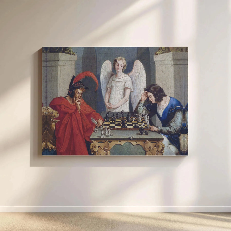 The Chess Players Canvas Wall Art | Moritz Retzsch Devil Playing Chess Print | Premium Gallery Wrap Decor | Gothic Intellectual Home Gift