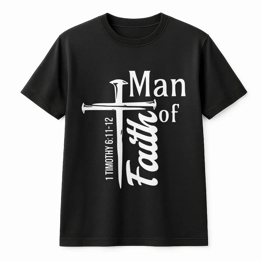 Man of Faith T-Shirt | 1 Timothy 6:11-12 Cross Design | Premium 100% Cotton Graphic Tee | Religious Christian Gift for Men & Bible Study