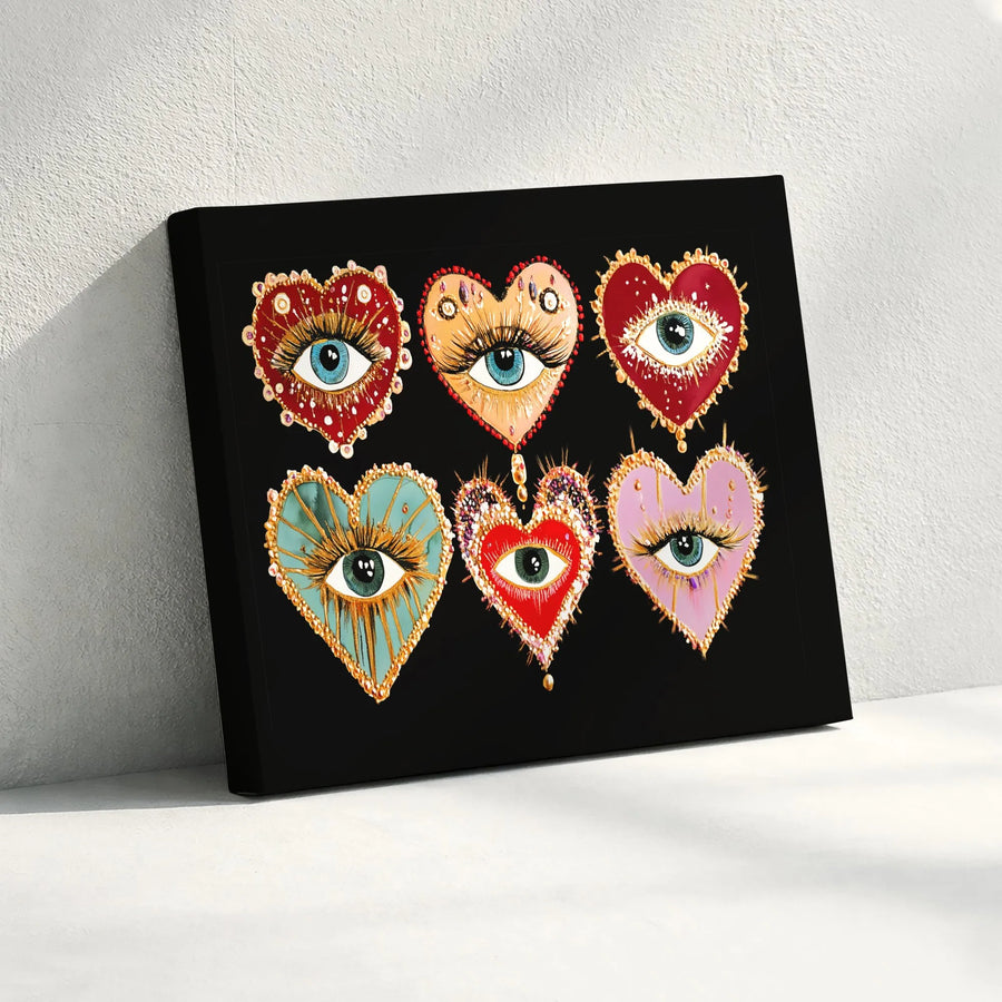 Evil Eye Heart Wall Art | Boho Chic Jeweled Mystic Symbolism | Premium Gallery Wrapped Canvas | Spiritual Home Decor Gift for Her