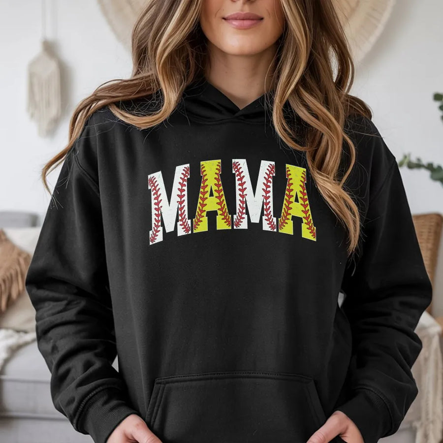 Softball Mama Hoodie | Baseball and Softball Stitch Lettering | Cozy Cotton Blend Pullover | Game Day Gift for Sports Mom