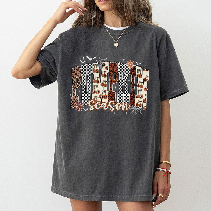 Pumpkin Season T-Shirt | Leopard & Checkered Fall Graphic Tee | 100% Premium Cotton | Cute Autumn Outfit Gift for Women