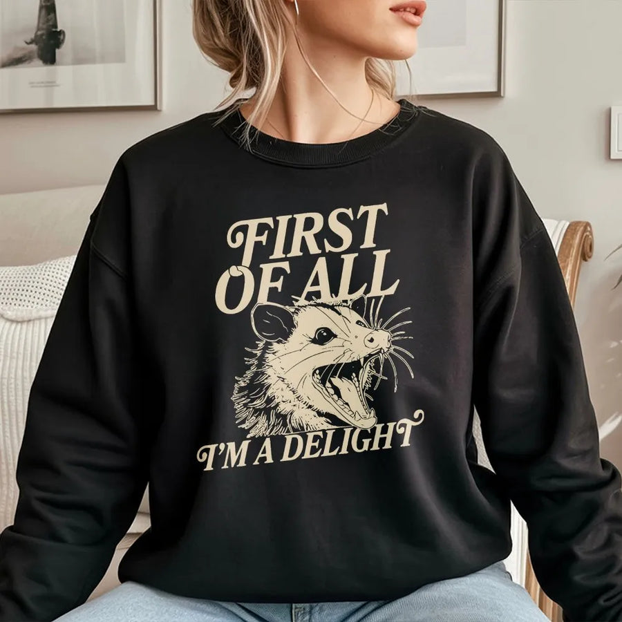 Sarcastic Opossum Sweatshirt | Vintage 'I'm a Delight' Funny Graphic | Soft Cotton Unisex Tee | Humorous Gift for Possum Lovers