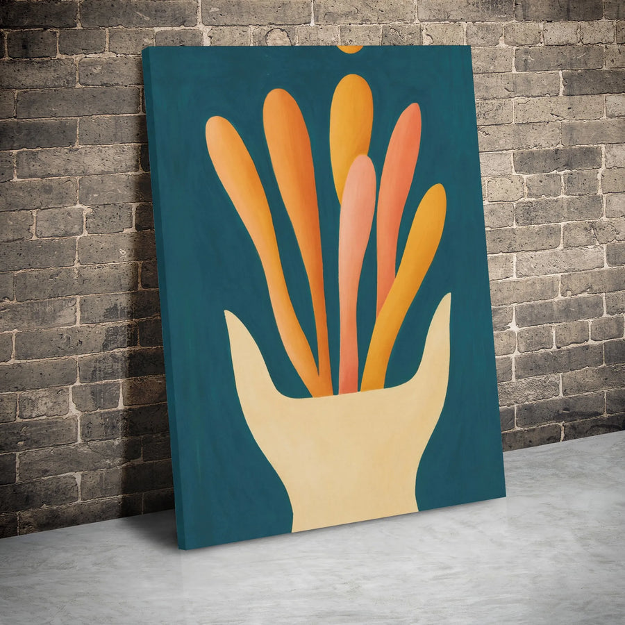 Abstract Hand And Plant Canvas Wall Art | Mid-Century Modern Botanical Decor | Premium Gallery Wrapped Print | Minimalist Living Room Gift Idea