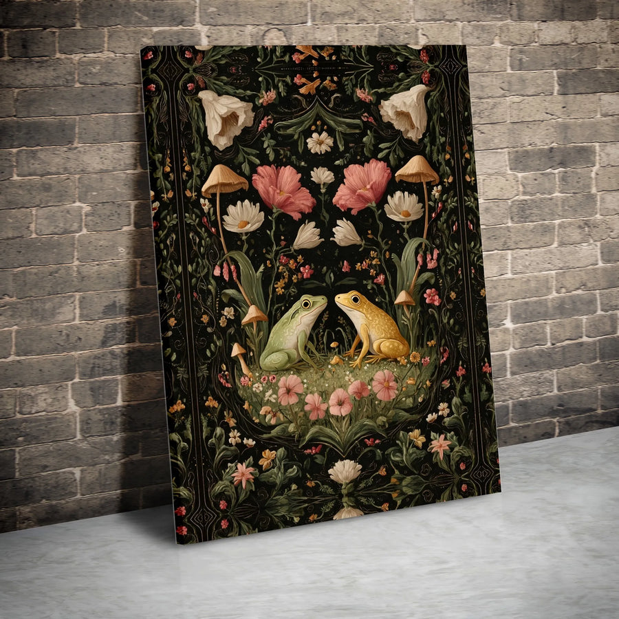 Vintage Frog Canvas Wall Art | Dark Botanical Mushroom Illustration | Premium Gallery Print | Cottagecore Decor Gift for Frog Lover