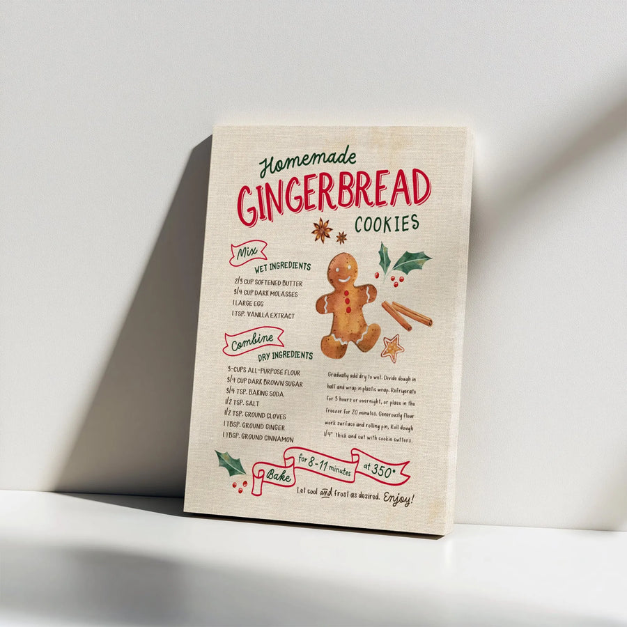 Homemade Gingerbread Cookie Recipe Canvas Wall Art | Watercolor Gingerbread Man Kitchen Decor | Gallery Wrap Premium Print | Holiday Kitchen Gift