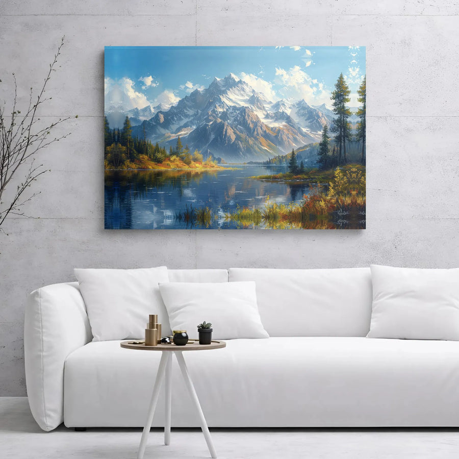 Mountain Lake Canvas Wall Art | Snowy Peaks Autumn Forest Landscape | Premium Gallery Wrap Print | Nature Home Decor Gift