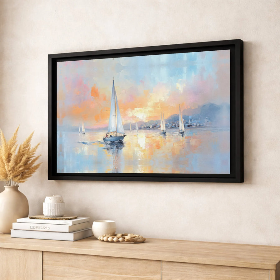 Sailboat Sunset Canvas Wall Art | Impressionist Seascape Painting | Premium Gallery Wrap Print | Coastal Home Decor Gift