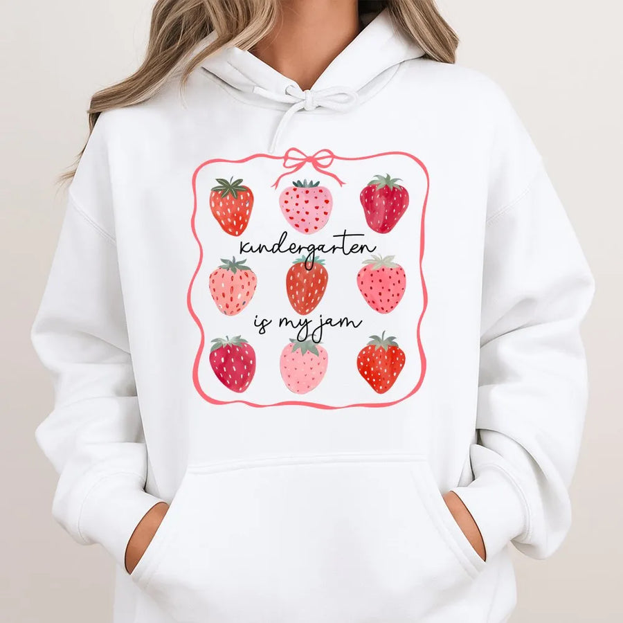 Kindergarten Is My Jam Hoodie | Cute Strawberry Teacher Design | Premium Cotton Blend Pullover | Back To School Gift For Kindergarten Teacher