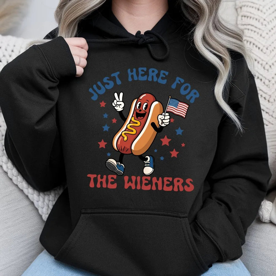 Funny 4th of July Hoodie | Just Here For The Wieners Slogan | Premium Soft Cotton Blend | Patriotic BBQ Party Gift for Men & Women