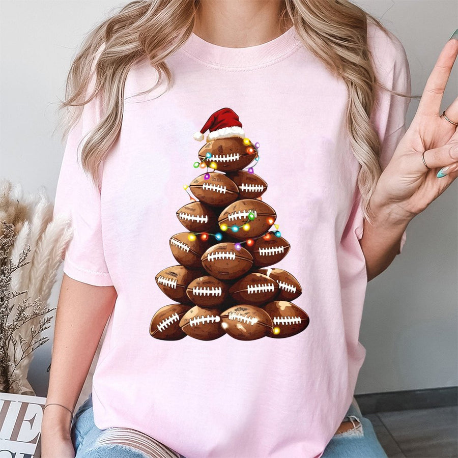 Football Christmas Tree T-Shirt | Sporty Holiday Graphic with Santa Hat & Lights | 100% Cotton Premium Tee | Unique Gift for Football Fans & Coaches