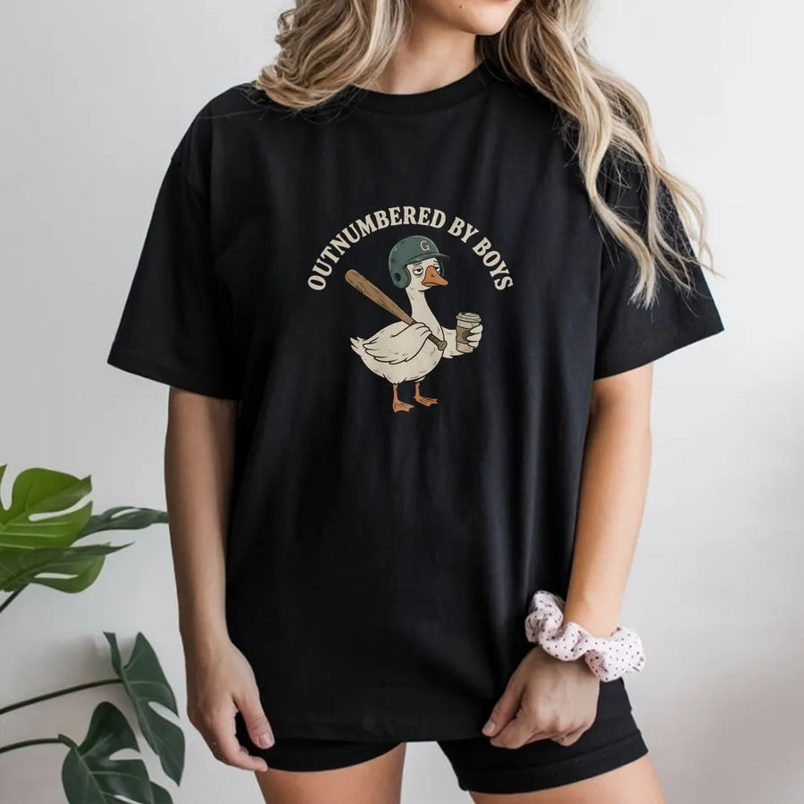 Boy Mom T-Shirt | Outnumbered By Boys Funny Goose Graphic | Cozy Cotton Blend Pullover | Gift for Baseball Mom