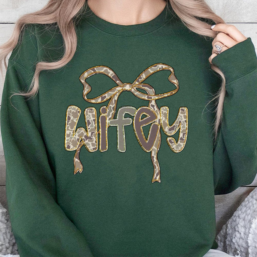 Wifey Sweatshirt | Camouflage Bow Design | Premium Cotton Blend | Gift for Hunter Wife Outdoor Enthusiast
