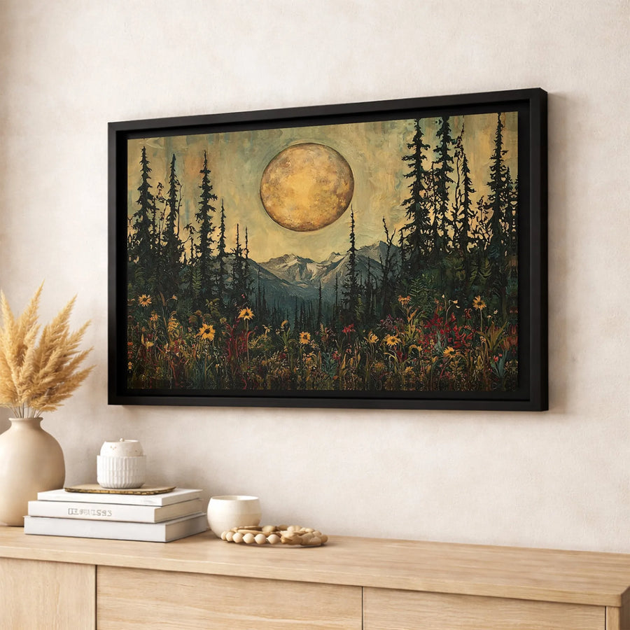 Mountain Forest Wall Art | Golden Moon Landscape Painting | Gallery Wrapped Canvas Print | Moody Nature Home Decor Gift