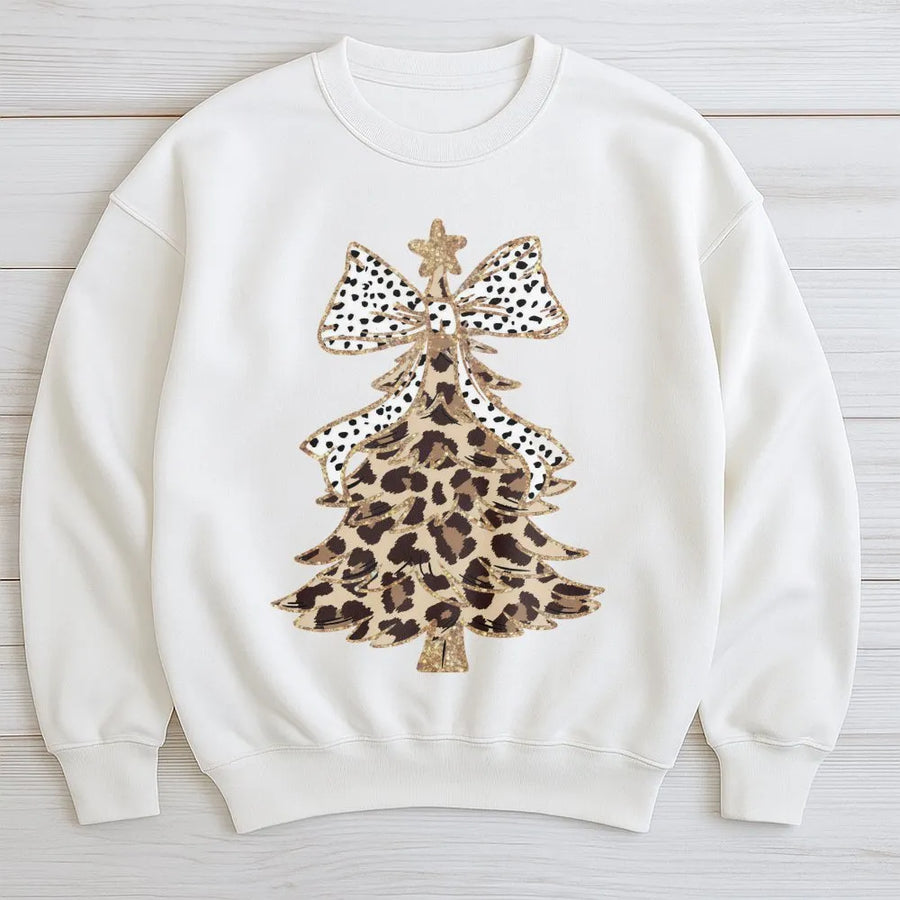 Leopard Print Christmas Tree Sweatshirt | Trendy Polka Dot Bow Holiday Graphic | Premium Cotton Blend Crewneck | Cute Festive Gift for Her
