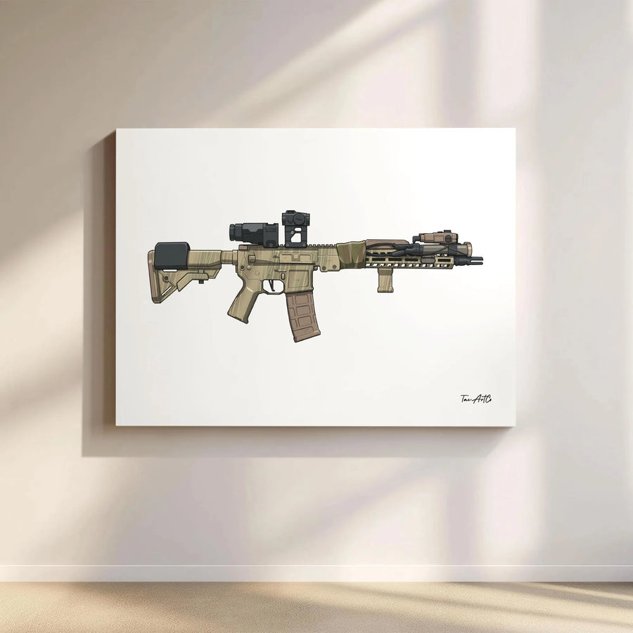 Assault Rifle Canvas Print | Detailed Tactical Rifle Illustration | Premium Gallery Wrapped Canvas | Collector's Gift for Gun Enthusiast Man Cave Decor