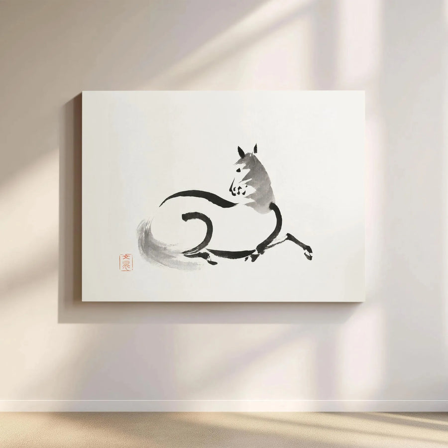 Horse Canvas Wall Art | Japanese Sumi-E Ink Wash Painting | Premium Gallery Wrap Decor | Minimalist Zen Home Office Gift