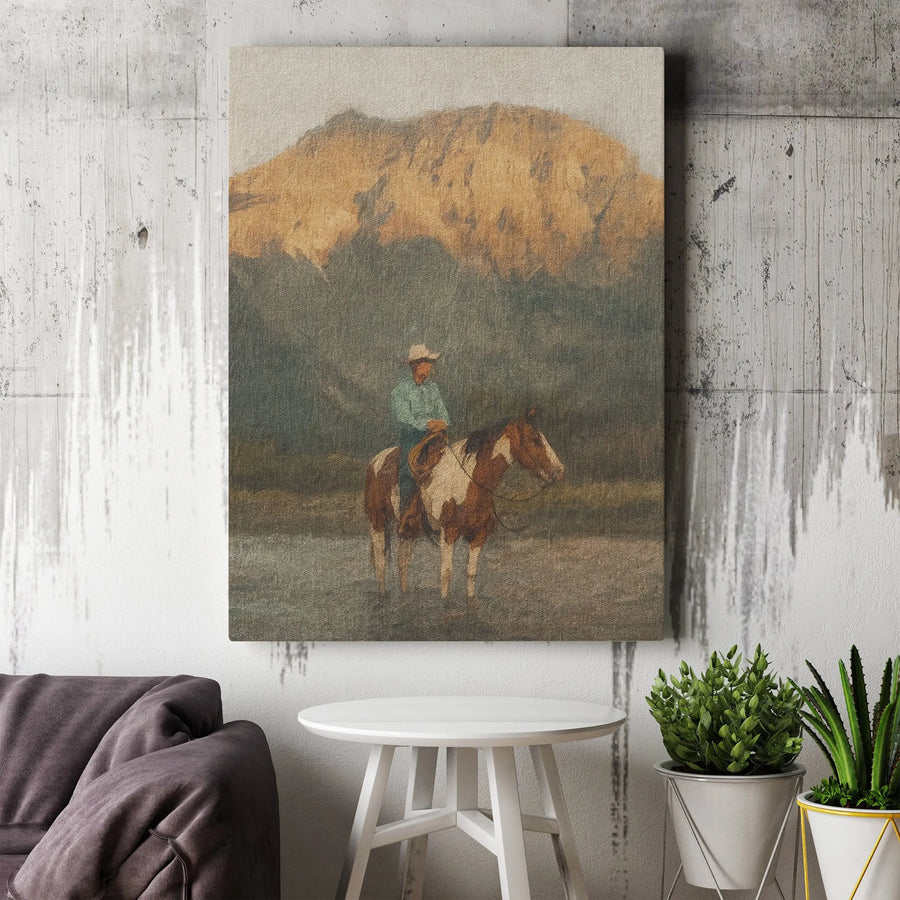 Cowboy Canvas Wall Art | Vintage Western Lone Rider on Horse Painting | Premium Textured Canvas Print | Rustic Home & Ranch Decor Gift