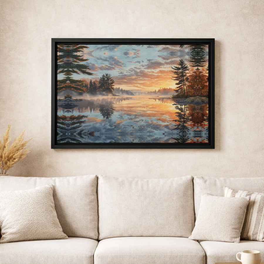Misty Lake Sunrise Canvas Wall Art | Golden Hour Pine Forest Reflection | Gallery-Quality Decor | Nature Landscape Gift for Home